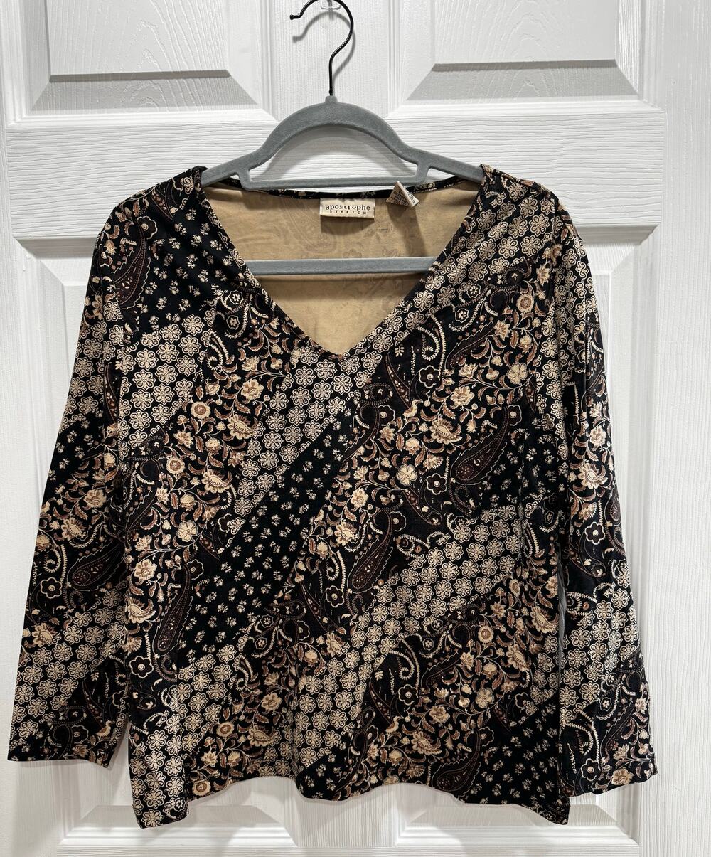 Apostrophe Stretch Black Brown Floral Paisley  Top Blouse XL 3/4 sleeve